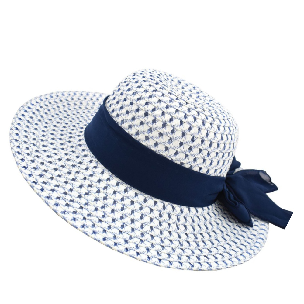 Καπέλο γυναικείο λευκό-μπλε με μπλε κορδέλα Μ2001