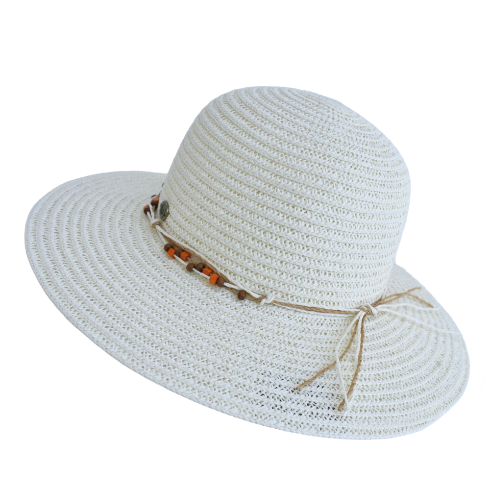 Γυναικείο καπέλο ψάθινο λευκό με χάντρες Μ15716