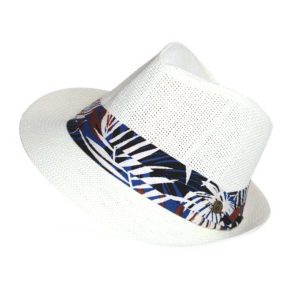 Καπέλο ψάθινο unisex καβουράκι λευκό με κορδέλα με φύλλα Μ4670