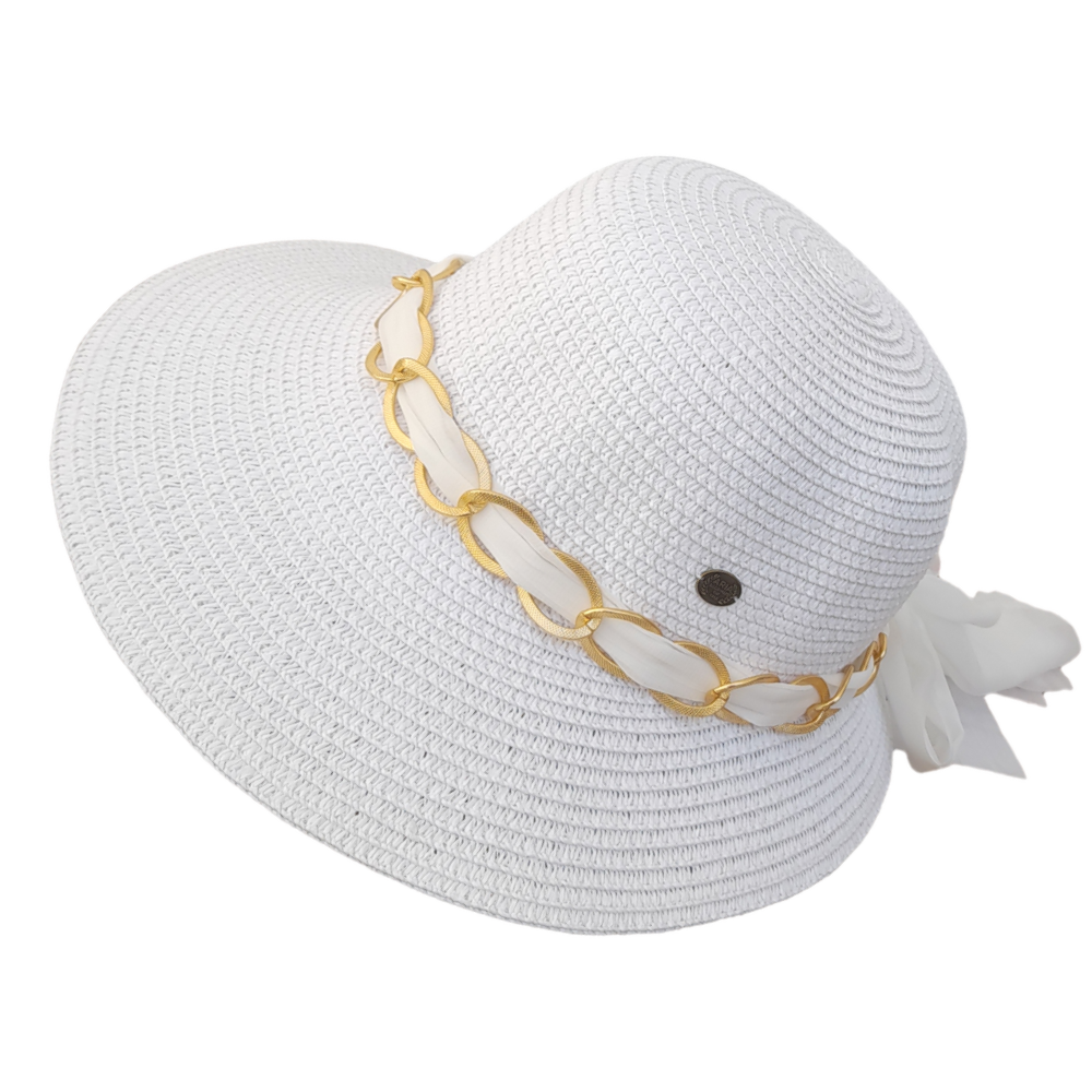 Γυναικείο καπέλο ψάθινο λευκό με μπεζ κορδέλα Μ5000