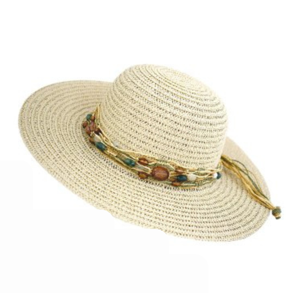 Γυναικείο ψάθινο καπέλο μπεζ με κορδόνι με χάντρες Μ1552