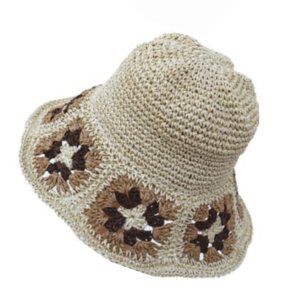 Χειροποίητο πλεκτό καπέλο μπεζ με σχέδιο λουλούδια – Μ1500