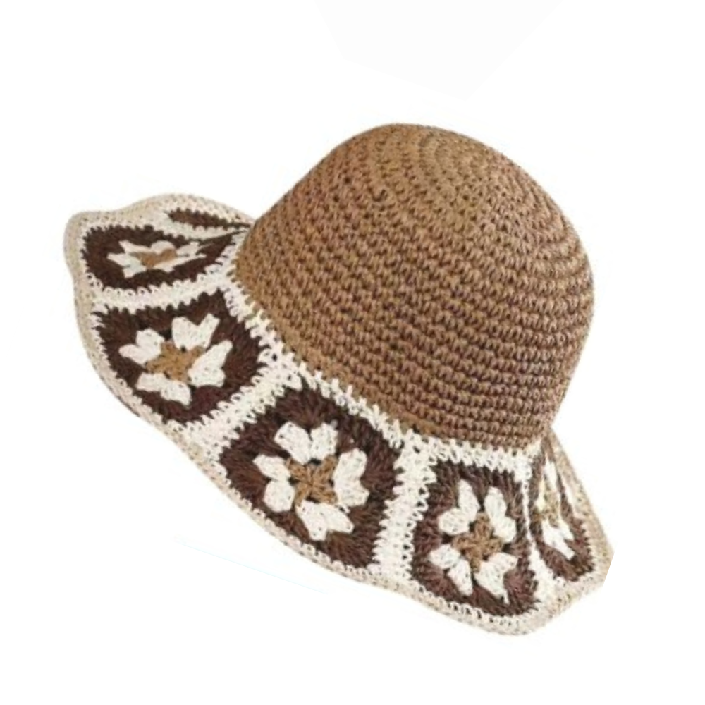 Χειροποίητο πλεκτό καπέλο καφέ με σχέδιο λουλούδια – Μ1501