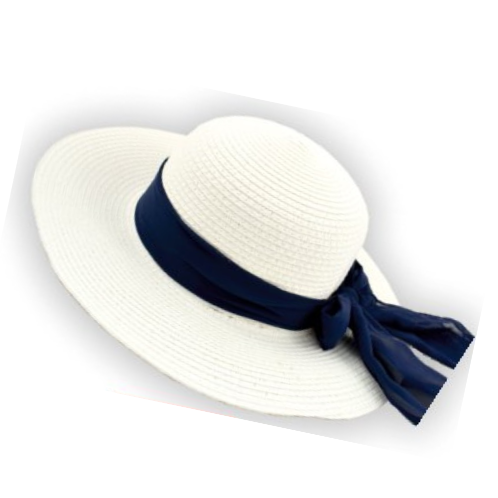 Καπέλο γυναικείο ψάθινο λευκό με σκούρα μπλε κορδέλα M1542
