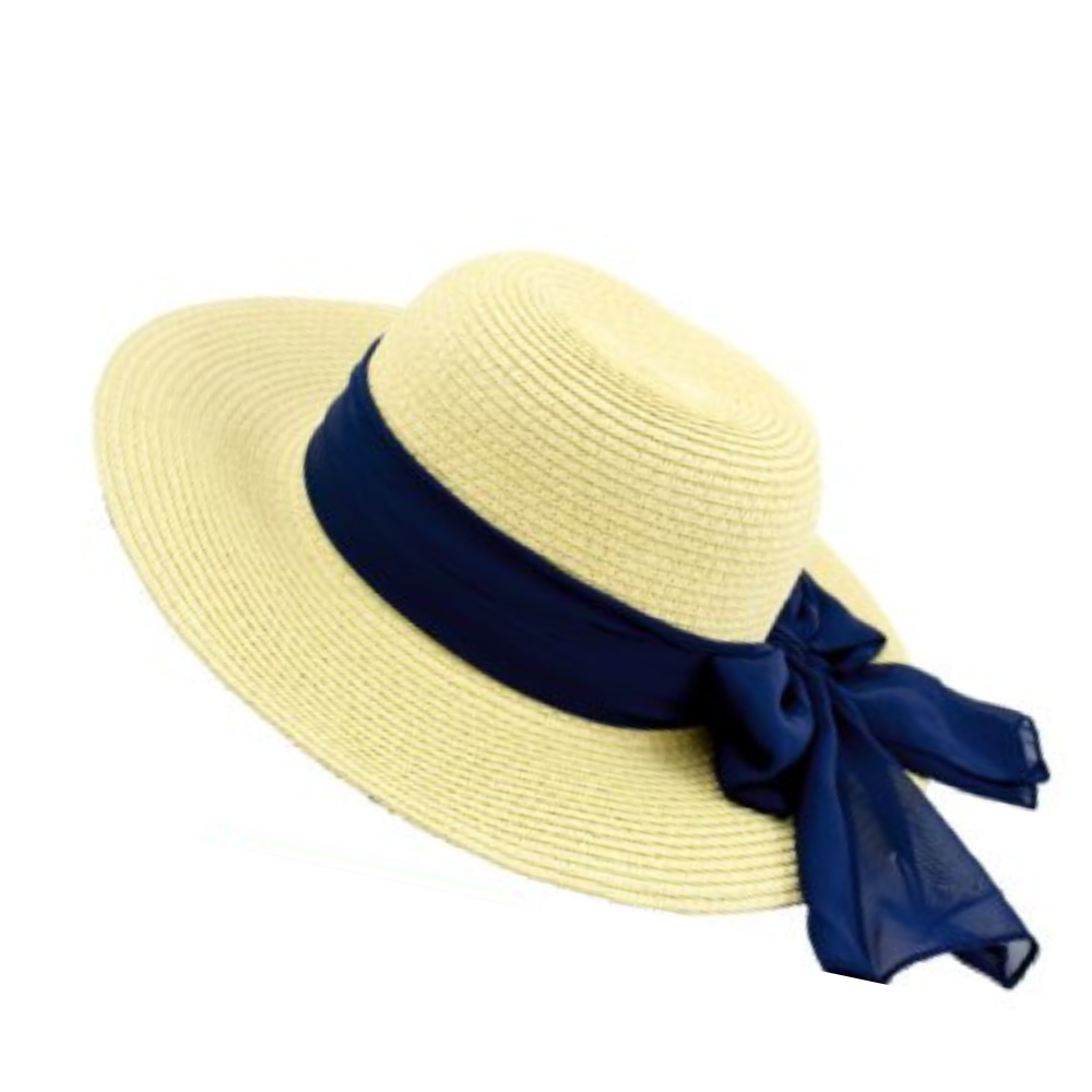 Καπέλο γυναικείο ψάθινο μπεζ με σκούρα μπλε κορδέλα M1544