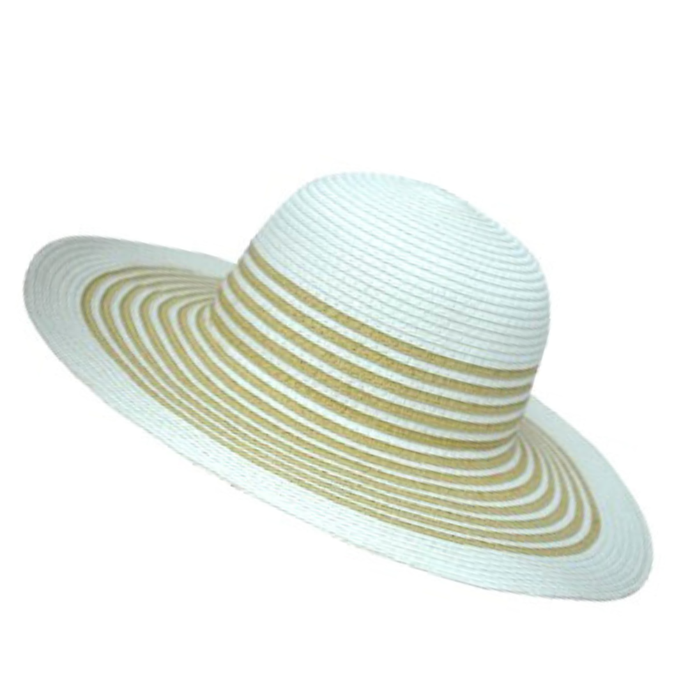 Γυναικείο ψάθινο καπέλο λευκό με μπεζ σκούρες γραμμές Μ1170