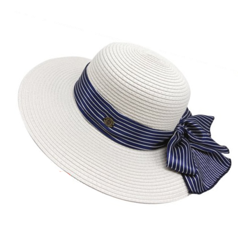 Γυναικείο καπέλο λευκό με μπλε κορδέλα με ρίγες Μ1106